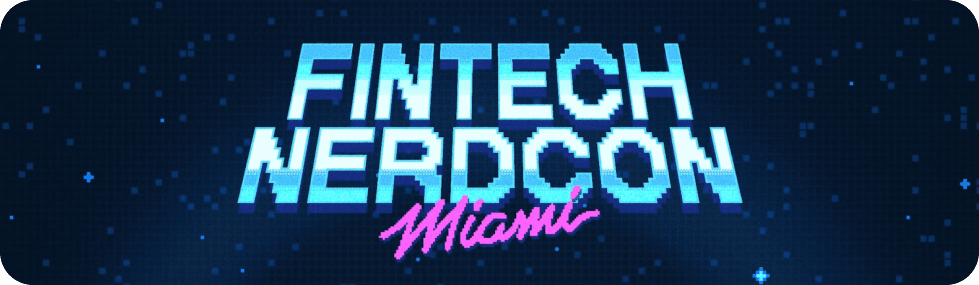 Fintech Nerdcon Miami conference logo with retro neon pixel art design on dark background