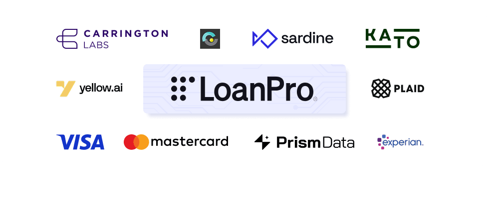 Logos for LoanPro and key AI, data, and payment partners mentioned in the article, including Plaid, Yellow.AI, Kato, Prism Data, Carrington Labs, Sardine, Experian, Visa, and Mastercard, who are shaping the future of AI in lending.