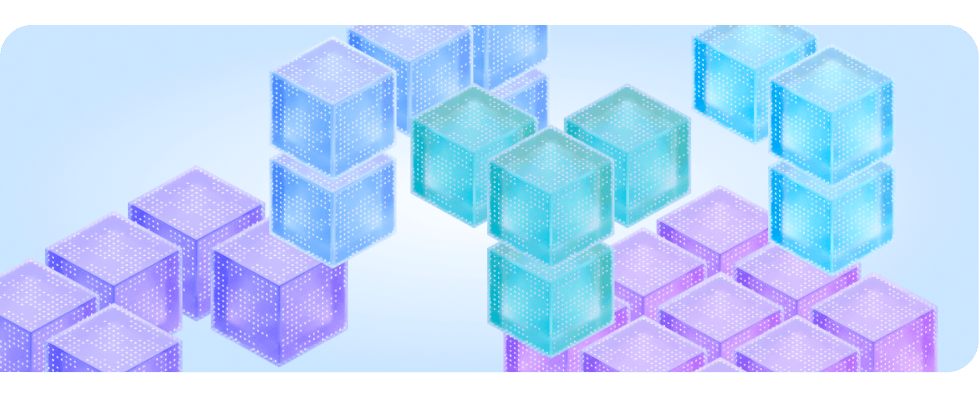 Isometric illustration of transparent LEGO-style building blocks in purple and cyan colors arranged on a light blue background