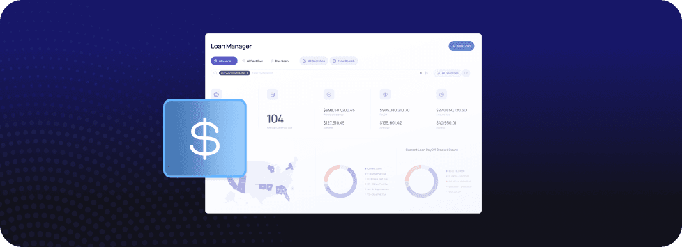 Loan management software dashboard showing account volume and pricing metrics